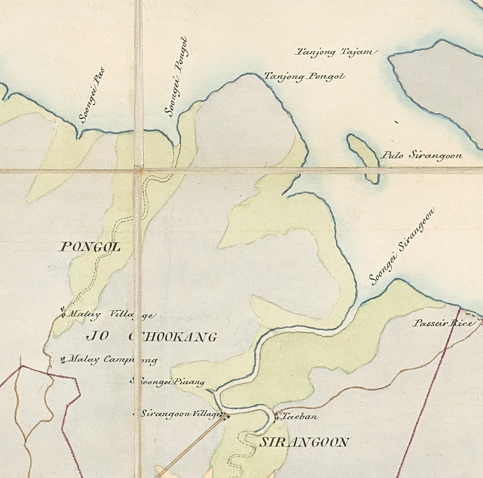 Historical map labeled Pongol, Joo Choo Kang, and Sirangoon, with rivers Songai Pongol and Songai Sirangoon depicted.
